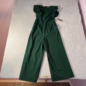 Calvin Klein green jumpsuit sz 8 missing belt office fall capped ruffle sleeves